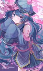  1girl absurdres arm_tattoo bare_shoulders bead_necklace beads blue_eyes blue_hair blue_hat blush chibana_sora chinese_clothes closed_mouth clothing_cutout commentary cowboy_shot detached_sleeves dress frills hair_ornament hands_up hat heart heterochromia highres jewelry jiangshi jiangshi_costume long_hair long_sleeves looking_at_viewer meandros multicolored_hair necklace ofuda ofuda_on_head original pink_background pink_eyes qingdai_guanmao ribbon shoulder_tattoo skirt sleeves_past_fingers sleeves_past_wrists solo standing tattoo twintails very_long_hair 