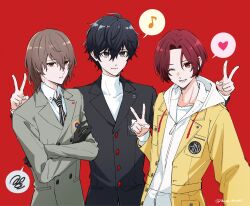  3boys akechi_goro amamiya_ren black_gloves black_hair black_jacket brown_hair closed_mouth commentary crossed_arms gloves grey_jacket hair_between_eyes heart highres hood hood_down hoodie ikuya_kawaii in-franchise_crossover jacket kamishiro_nagisa long_sleeves looking_at_viewer male_focus medium_hair multiple_boys musical_note necktie one_eye_closed open_clothes open_jacket parted_lips persona persona_5 persona_5:_the_phantom_x red_background red_eyes red_hair school_uniform shirt short_hair shuujin_academy_school_uniform smile spoken_heart spoken_musical_note spoken_squiggle squiggle sweater turtleneck turtleneck_sweater twitter_username untranslatable_commentary upper_body v white_hoodie white_shirt white_sweater wing_collar yellow_jacket 