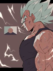  1boy aura black_tank_top blue_hair brown_background commentary_request dragon_ball dragon_ball_z gomennetemple grin highres letterboxed limited_palette male_focus manatsu_no_yo_no_inmu meme muscular muscular_female muscular_male outside_border pectorals scar scar_on_arm short_hair smile solo spiky_hair super_saiyan tank_top upper_body vegeta veins veiny_arms yjsnpi_interview_(meme) 