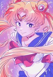  1girl bishoujo_senshi_sailor_moon blonde_hair blue_eyes blue_sailor_collar blue_skirt blush bow bowtie choker circle commentary crescent crescent_earrings double_bun earrings floating_hair garnel_(letsgotomato11) hair_bun highres jewelry magical_girl red_bow red_bowtie red_choker sailor_collar sailor_moon sailor_senshi_uniform skirt smile solo sparkle tsukino_usagi twintails upper_body 