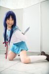  ari_(model) asakura_ryouko blue_hair cosplay knee_socks knife photo sailor_uniform school_uniform suzumiya_haruhi_no_yuuutsu 