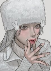  1girl ^3^ absurdres animal_print brown_eyes cardigan chain commentary fur_hat hand_to_own_mouth hat highres kangcono lips long_hair looking_at_viewer mole mole_on_cheek original pale_skin parted_bangs rabbit_print simple_background solo straight_hair thick_lips untranslatable_commentary upper_body white_background white_cardigan white_hair white_nails 