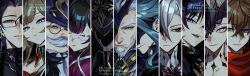  4girls 6+boys absurdres akaneya_(akaneya1484) arlecchino_(genshin_impact) artist_name ascot beard black_choker black_eyes black_hair black_mask black_shirt blonde_hair blue_eyes blue_hair blue_shirt blunt_bangs border brown_hair capitano_(genshin_impact) choker coat collarbone colored_inner_hair columbina_(genshin_impact) commentary_request covered_collarbone covered_face crossed_bangs detached_collar diamond-shaped_pupils diamond_(shape) dottore_(genshin_impact) drill_hair drill_sidelocks empty_eyes eye_mask eyelashes eyeshadow facial_hair fatui_coat fur-trimmed_coat fur-trimmed_shirt fur_trim gem genshin_impact glasses gold_necklace gold_trim gradient_hair grey_hair hair_ornament half-closed_eyes half_mask highres jewelry lips long_hair looking_at_viewer looking_to_the_side looking_up makeup mandarin_collar mask medium_hair mitsudomoe_(shape) multicolored_hair multiple_boys multiple_girls mustache necklace o-ring o-ring_choker old old_man one_eye_covered open_clothes open_coat open_mouth pantalone_(genshin_impact) pendant pierro_(genshin_impact) pink_eyes pink_hair pink_lips pointy_nose pulcinella_(genshin_impact) purple_hair red_eyeshadow red_gem red_pupils red_scarf round_eyewear sandrone_(genshin_impact) scaramouche_(genshin_impact) scarf semi-rimless_eyewear shirt short_hair sidelocks signora_(genshin_impact) smile symbol-shaped_pupils tartaglia_(genshin_impact) teeth tomoe_(symbol) tongue turtleneck turtleneck_shirt two-tone_hair upper_body v-shaped_eyebrows watermark wavy_hair white-framed_eyewear white_ascot white_border white_hair white_mask white_shirt wing_collar x-shaped_pupils x_hair_ornament yellow-framed_eyewear yellow_eyes yellow_pupils 