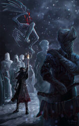  2others absurdres ambiguous_gender blood bloodborne bloodexer coat firing fromsoftware gloves gun highres holding holding_gun holding_weapon hunter_(bloodborne) long_hair mask mouth_mask multiple_others saw saw_cleaver snow statue weapon 