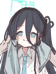  1girl aqua_halo aqua_necktie aris_(blue_archive) black_hair black_hairband black_scrunchie blue_archive blue_eyes blue_halo blue_necktie blush hair_between_eyes hair_ornament hair_scrunchie hairband halo highres light_blush long_hair long_hair_between_eyes looking_at_viewer necktie rectangular_halo scrunchie shirt simple_background solo ten3_ooo towel very_long_hair wet wet_clothes wet_face white_background white_shirt 