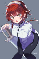  1girl ahoge ayasakimako black_hairband black_leggings collared_shirt commentary_request eris_greyrat fang feet_out_of_frame grey_background hairband highres knees_together_feet_apart leaning_forward leggings long_sleeves looking_at_viewer mushoku_tensei open_mouth red_hair shirt short_hair_with_long_locks simple_background solo standing sword twitter_username weapon white_shirt yellow_eyes 