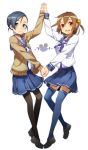  2girls abec cardigan holding_hands multiple_girls pantyhose school_uniform serafuku short_hair skirt 
