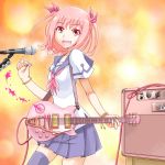  1girl amplifier black_legwear electric_guitar fang guitar hair_ribbon instrument looking_at_viewer microphone open_mouth original pink_eyes pink_hair plectrum ribbon school_uniform serafuku short_hair skirt smile solo suzushiro_nazuna thigh-highs twintails 