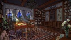  book bookshelf chair chandelier commentary_request commission copyright_request curtains desk desk_lamp door drawer flower highres indoors lamp lampshade letter night no_humans office photo_(object) picture_frame plant potted_plant purple_sky rose rua_keep_love rug scenery sky table white_flower white_rose window wooden_floor 