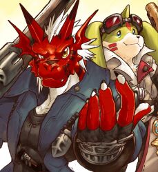  2boys black_gloves black_shirt blue_coat claws closed_mouth coat digimon english_commentary fang fang_out fangs fangs_out fingerless_gloves furry furry_male galgomon gloves goggles goggles_on_head growmon gunblade horns looking_at_viewer male_focus multiple_boys only_jerry over_shoulder shirt single_horn smile sword sword_over_shoulder weapon weapon_over_shoulder 