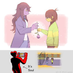  1girl 2others brown_hair colored_skin deltarune flower freckles furry furry_with_non-furry giving green_sweater handheld_game_console highres holding holding_flower holding_handheld_game_console interspecies jacket komamama kris_(deltarune) long_hair multiple_others nintendo_switch pink_flower pink_rose pink_skin profile purple_jacket red_eyes red_soul_(utdr) rose short_hair soul_(utdr) sparkle standing susie_(deltarune) sweater utdr_(toby_fox) yellow_skin 
