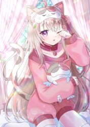 1girl :o ;o ahoge animal_ear_fluff animal_ears bell brown_hair cat_ears cat_girl cat_tail collar commission copyright_request curtains day hair_between_eyes hand_up hugging_object indoors jingle_bell kou_hiyoyo long_hair long_sleeves mask mask_on_head neck_bell no_shoes one_eye_closed parted_lips pink_shirt pink_shorts puffy_long_sleeves puffy_shorts puffy_sleeves red_collar rubbing_eyes shirt shorts sitting skeb_commission sleep_mask solo stuffed_animal stuffed_cat stuffed_toy sunlight tail thigh-highs very_long_hair violet_eyes wariza white_thighhighs window 