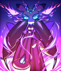  1other alternate_eye_color antennae aura colored_sclera colored_skin commentary_request dark_aura disembodied_eye eye_trail from_below furry green_sclera hands_up leg_up light_trail looking_at_viewer lurantis multicolored_skin no_mouth other_focus pink_skin pokemon pokemon_(creature) purple_background purple_theme s_(esumi_kihomaru) solo standing standing_on_one_leg stepping_on_viewer straight-on underlighting violet_eyes white_skin 