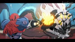  1girl arm_cannon armor artist_name battle black_border border commentary corpius_(metroid) english_commentary explosion extra_eyes giant giant_monster glowing glowing_eyes letterboxed metroid metroid_dread normal_suit_(metroid) power_armor power_suit_(metroid) samus_aran science_fiction smoke teke weapon yellow_eyes 