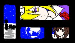  2girls arster blonde_hair brown_eyes chinese_commentary collared_dress commentary_request contrast_collar dress earth_(planet) hat maribel_hearn mob_cap multicolored_eyes multiple_girls neck_ribbon pixel_art planet purple_dress red_ribbon ribbon sideways silhouette space touhou two-tone_eyes usami_renko violet_eyes white_hat yellow_eyes 