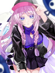  1girl absurdres alternate_costume arm_up belt belt_buckle black_belt black_hat black_jacket black_skirt blue_eyes braid breasts buckle citlali_(genshin_impact) citlalin_(genshin_impact) cleavage_cutout clothing_cutout commentary_request contemporary cowboy_shot facial_mark forehead_mark genshin_impact hand_on_headwear hat highres itzpapa_(genshin_impact) jacket large_breasts leather leather_jacket long_hair long_sleeves looking_at_viewer open_clothes open_jacket open_mouth pink_hair pink_pupils purple_sweater raimu_(raimuo_illust) ribbed_sweater simple_background skirt solo sweater triangle triangle_facial_mark turtleneck turtleneck_sweater twin_braids very_long_hair white_background 