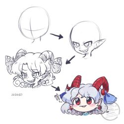  1girl arrow_(symbol) commentary curly_hair earrings grin hoop_earrings horns how_to how_to_draw_a_chibi_(meme) jewelry meme nuru_nuru_3 official_style open_mouth parody pointy_ears red_eyes red_horns sharp_teeth sheep_horns simple_background smile style_parody teeth touhou toutetsu_yuuma watermark white_background zun_(style) 