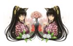  animal_ears black_hair brown_eyes cat_ears flower glasses kurojishi long_hair multiple_girls original symmetry winter_daphne yagasuri 