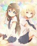  2girls blonde_hair blue_eyes brown_hair long_hair miwa_ai multiple_girls necktie oomuro_nadeshiko oomuroke ranan school_uniform sitting skirt yuru_yuri 