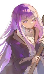  1girl absurdres black_coat blunt_bangs bright_pupils coat cowboy_shot dot_nose fern_(sousou_no_frieren) gloves highres holding holding_staff hood hooded_coat long_coat long_hair long_sidelocks long_sleeves looking_at_viewer mage_staff purple_hair rimu_(ringokurimu) serious sidelocks solo sousou_no_frieren staff violet_eyes white_background white_gloves white_pupils wooden_staff 