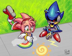  1girl amy_rose artist_logo black_sclera chalk colored_sclera drawing_(action) furry furry_female gloves grass green_eyes hairband highres holding holding_chalk humanoid_robot lightning_bolt_symbol logo mechanical_arms metal_sonic purpleboye rainbow red_eyes red_hairband robot sidewalk sonic_(series) white_gloves 