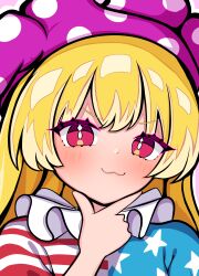  1girl :3 absurdres american_flag american_flag_dress american_flag_print blonde_hair blush bright_pupils closed_mouth clownpiece commentary_request dot_nose dress eyelashes flag_print hand_on_own_chin hand_up hat highres jester_cap kukurukurukuru long_hair looking_at_viewer neck_ruff outline pink_hat polka_dot polka_dot_headwear portrait red_eyes smile solo star_(symbol) star_print striped_clothes striped_dress stroking_own_chin touhou v-shaped_eyebrows white_outline white_pupils 