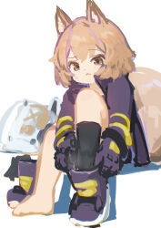 1girl animal_ears arknights black_gloves black_socks chack520 commentary_request firefighter firefighter_helmet firefighter_jacket gloves helmet highres jacket knee_up shaw_(arknights) short_hair single_bare_foot sitting socks solo squirrel_ears squirrel_girl squirrel_tail steam sweat tail undressing unworn_headwear unworn_helmet white_background 