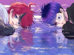  2boys antenna_hair black_collar black_hair black_haori black_streaks blue_eyes blue_hair collar earrings face_piercing grey_jacket haori highres hood hoodie jacket jacket_over_hoodie japanese_clothes jewelry kanari_hndr looking_at_another looking_at_viewer makeup male_focus multicolored_hair multiple_boys omokage_yugamu open_mouth piercing print_eyepatch red_hair reflection smile streaked_hair sumino_takumi the_hundred_line_-last_defense_academy- twitter_username water white_hoodie 
