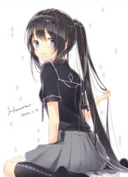  1girl :d akemi_homura alternate_costume alternate_hairstyle argyle_clothes argyle_socks black_hair black_hairband black_socks blush character_name closed_mouth commentary_request dated frilled_skirt frills from_side hairband highres jiinyo_(awamoe1207) kneehighs long_hair looking_at_viewer looking_back mahou_shoujo_madoka_magica mahou_shoujo_madoka_magica_(anime) no_shoes pleated_skirt ponytail school_uniform serafuku short_sleeves sidelocks sitting skirt smile socks solo unzipped variant_set very_long_hair violet_eyes zipper_pull_tab zipper_skirt 