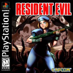  1girl absurdres beret black_gloves blue_eyes blue_hat blue_pants brown_hair bug capcom copyright_name fingerless_gloves gloves gun hat highres holding holding_gun holding_weapon jill_valentine kevintrentin pants playstation_logo resident_evil resident_evil_1 short_hair shotgun shoulder_pads signature spider weapon 