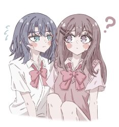  2girls ? adachi_sakura adachi_to_shimamura aqua_eyes black_hair blush bow bowtie brown_eyes brown_hair brown_sweater_vest closed_mouth collared_shirt commentary flying_sweatdrops highres koco3333 long_hair looking_at_another medium_hair multiple_girls pink_bow pink_bowtie school_uniform shimamura_hougetsu shirt simple_background sweatdrop sweater_vest white_background white_shirt 