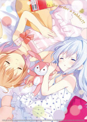  2girls bed_sheet blush bow chemise closed_eyes closed_mouth collarbone copyright_name cowboy_shot frilled_pajamas frills gochuumon_wa_usagi_desu_ka? hand_on_own_stomach holding holding_stuffed_toy hoto_cocoa kafuu_chino long_hair lying medium_hair multiple_girls official_art on_back on_side orange_hair pajamas parted_lips pillow pink_chemise pink_pajamas polka_dot polka_dot_pajamas red_bow sleeping smile striped_clothes striped_pajamas stuffed_animal stuffed_rabbit stuffed_toy white_chemise white_hair white_pajamas 