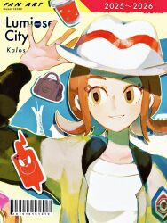  1girl 2025 2026 aka012060 artist_name bag barcode brown_bag brown_eyes brown_hair cover cover_page cup disposable_coffee_cup disposable_cup doughnut fake_cover fake_magazine_cover food green_jacket harmony_(pokemon) hat highres jacket looking_to_the_side magazine_cover open_clothes open_jacket pokemon pokemon_legends:_z-a prism_tower rotom rotom_phone shirt smile solo striped_hat trilby white_hat white_shirt 