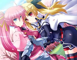  blonde_hair blue_eyes breast_press breasts cape cherry_blossoms fate_testarossa futaba_shion futaba_utane hair_ribbon hand_holding holding_hands long_hair mahou_shoujo_lyrical_nanoha mahou_shoujo_lyrical_nanoha_strikers miniskirt pink_hair ponytail red_eyes ribbon signum skirt symmetrical_docking thigh-highs thighhighs twintails yuri 