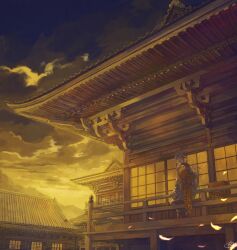  1boy architecture balcony bandana blonde_hair box building clouds colorful_clouds commentary dark_cloud east_asian_architecture falling_petals from_behind highres hise holding holding_smoking_pipe japanese_clothes kusuriuri_(mononoke) looking_at_viewer male_focus medicine_box mononoke on_railing outdoors overcast pagoda petals pointy_ears purple_bandana railing scenery signature sitting sky smoking_pipe solo very_wide_shot wooden_railing yellow_sky yellow_theme 