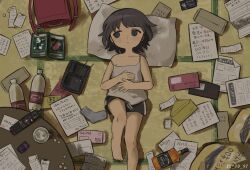  15_30_97 1girl backpack bag barefoot black_eyes black_hair black_shorts book bottle camisole closed_mouth controller cup dated expressionless from_above highres indoors knee_up lying messy_room on_back on_floor original paper pillow randoseru remote_control short_hair shorts socks solo spaghetti_strap strap_slip tatami unworn_backpack unworn_bag unworn_socks 