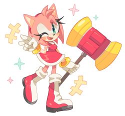  1girl :d ;d absurdres amy_rose boots breasts commentary dress eyelashes full_body furry furry_female gloves green_eyes hairband hammer highres holding holding_hammer medium_breasts one_eye_closed open_mouth pink_fur pink_hair red_boots red_dress red_hairband sleeveless sleeveless_dress smile solo sonic_(series) v white_background white_gloves xyorit 