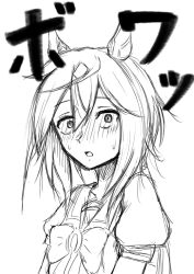  1girl animal_ears banzaibanzaibanzai blush bow embarrassed greyscale hair_between_eyes horse_ears horse_girl long_hair looking_at_viewer low_ponytail monochrome multicolored_hair nose_blush open_mouth ponytail puffy_short_sleeves puffy_sleeves sailor_collar school_uniform short_sleeves simple_background sketch solo sound_effects sound_effects_only stay_gold_(umamusume) streaked_hair sweat tracen_school_uniform umamusume white_background 