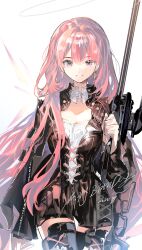  1girl absurdres arknights black_boots black_dress black_jacket boots breeeee- chinese_commentary commentary_request cowboy_shot detached_wings dress earrings gun halo happy_birthday heart highres holding holding_gun holding_weapon jacket jewelry lace-up_boots lemuen_(arknights) long_hair long_sleeves looking_at_viewer pink_eyes pink_hair rifle simple_background smile sniper_rifle solo standing thigh_boots weapon white_background wings 