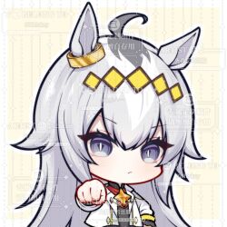  1girl ahoge animal_ears blue_eyes chibi chibi_only clenched_hand double-parted_bangs ear_ornament grey_hair hair_ornament highres horse_ears horse_girl jacket long_hair long_sleeves looking_at_viewer oguri_cap_(cinderella_gray)_(umamusume) oguri_cap_(umamusume) solo too_many_watermarks umamusume upper_body v-shaped_eyebrows watermark white_jacket xiansen_nin_de_doufu 
