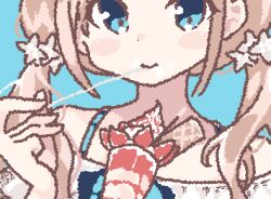  1girl blonde_hair blue_background blue_eyes blue_trim blush_stickers commentary dot_nose drinking_straw food fruit hair_ornament hand_up jaggy_lines korean_commentary long_hair lowres mouth_hold original parfait simple_background solo spaghetti_strap star_(symbol) star_hair_ornament strawberry tank_top tareme toshill2 twintails waffle whipped_cream white_tank_top wigglypaint_(medium) 