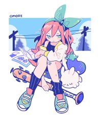  1girl aqua_hairband arm_rest aubrey_(omori) bandaid bandaid_on_knee bandaid_on_leg baseball_bat blue_eyes blue_shoes book bow_hairband copyright_name full_body gogeyama hairband highres jacket knees_together_feet_apart leg_warmers long_hair no_sclera omori open_book pink_hair power_lines shoes sitting sneakers solo stuffed_animal stuffed_eggplant stuffed_rabbit stuffed_toy white_jacket 