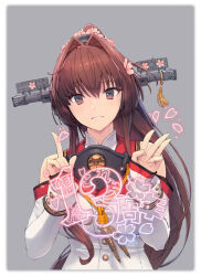  1girl anniversary brown_eyes brown_hair cherry_blossoms coat collar commentary_request detached_sleeves flower grey_background hair_flower hair_intakes hair_ornament headgear highres index_finger_raised kantai_collection long_hair metal_collar official_art parted_lips red_sailor_collar sailor_collar sakuramon shizuma_yoshinori simple_background sleeveless sleeveless_coat solo upper_body w yamato_(kancolle) yamato_kai_ni_(kancolle) 