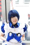  blue_hair cosplay cuffs eyepatch gloves handcuffs highres ikkitousen maid maid_uniform namada photo ryomou_shimei solo 