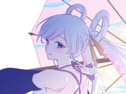  1girl back backless_outfit bare_shoulders blue_eyes blue_sleeves cho_kaguya-hime! commentary_request criss-cross_back-straps detached_sleeves from_behind hair_ornament hair_rings halterneck highres kanzashi korean_commentary light_blush long_hair looking_at_viewer looking_back oil-paper_umbrella parted_lips pink_umbrella portrait profile runami_yachiyo runami_yachiyo_(kassen) runami_yachiyo_(tsukuyomi) sideways_glance simple_background solo swept_bangs turning_head twintails umbrella white_background white_hair zlflzhdpqmek 