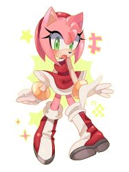  1girl :o absurdres amy_rose artist_name blush boots bracelet breasts commentary dress eyelashes full_body furry furry_female gloves green_eyes hairband hedgehog_girl highres jewelry looking_at_viewer medium_breasts open_mouth pink_fur pink_hair red_boots red_dress red_hairband sleeveless sleeveless_dress solo sonic_(series) star_(symbol) white_gloves xyorit 