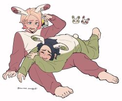  2boys @_@ ^_^ alternate_color animal_ears arm_up barefoot beer_can black_hair blonde_hair blue_eyes blush can closed_eyes commentary drink_can drunk english_commentary fake_animal_ears gradient_hair hair_behind_ear highres holding holding_can kigurumi long_sleeves looking_at_another lying male_focus multicolored_hair multiple_boys on_lap on_stomach open_mouth outstretched_arm paxton_(pokemon) pink_hair pokemon pokemon_(creature) pokemon_focus pokemon_legends:_z-a sanae-aragaki shiny_pokemon short_hair sitting smile spinda twitter_username urbain_(pokemon) white_background 