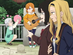  4girls acoustic_guitar aged_down aged_up arashi_chisato black_hair blonde_hair blush commentary_request crossover guitar hair_bun hairband highres instrument kirarazaka_marina kuze_shizuka laofuzi_dai_bansho love_live! love_live!_superstar!! medium_hair multiple_girls open_mouth orange_hair pink_eyes pointing revision sand_sculpture scar scar_on_face school shibuya_kanon short_hair smile sweatdrop takopii takopii_no_genzai white_hair yellow_eyes 