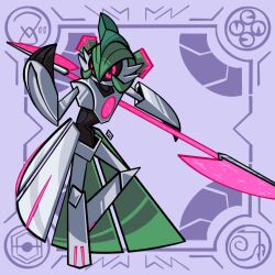  alt_text black_sclera blastgb colored_sclera commentary_request double_blade full_body highres holding holding_weapon humanoid_robot iron_valiant pink_eyes pokemon pokemon_(creature) pokemon_focus robot signature solo spanish_commentary weapon 