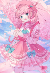  1girl :d absurdres beret blue_eyes blue_sky blush bow cherry_blossoms chibana_sora choker clouds cloudy_sky commentary cross-laced_clothes cross-laced_dress cross-laced_sleeves day dress falling_petals flower footwear_bow frilled_dress frilled_socks frills hair_bow hat high_heels highres holding holding_umbrella lolita_fashion long_hair long_sleeves looking_at_viewer nail_polish open_mouth original outdoors parasol petals pink_bow pink_choker pink_dress pink_flower pink_hair pink_hat pink_nails pink_sailor_collar pink_skirt pink_theme pink_umbrella sailor_collar shirt shoes skirt sky smile socks solo sweet_lolita teeth twintails umbrella upper_teeth_only white_shirt white_socks 